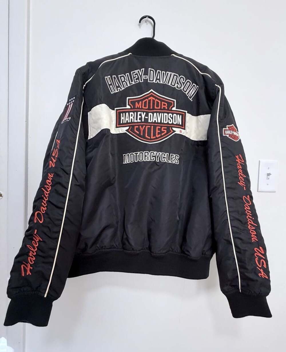 Vintage Harley Davidson Bomber Jacket Size L Black Nylon Embroidered